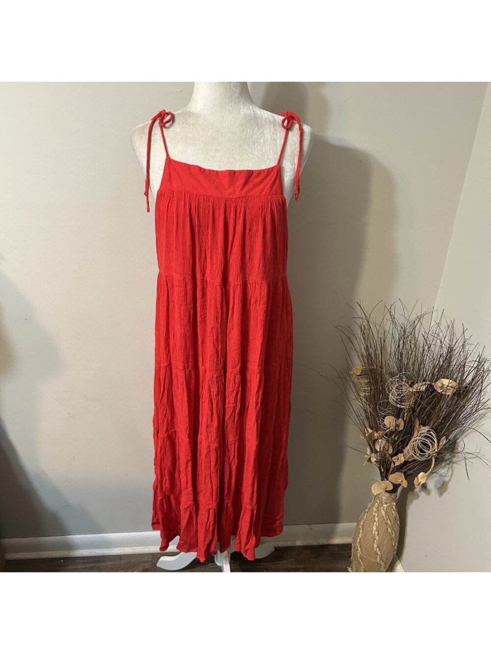 Gilli Women Red Sleeveless Strappy Tie Shoulders Dress Midi Tiered Lined Sz L